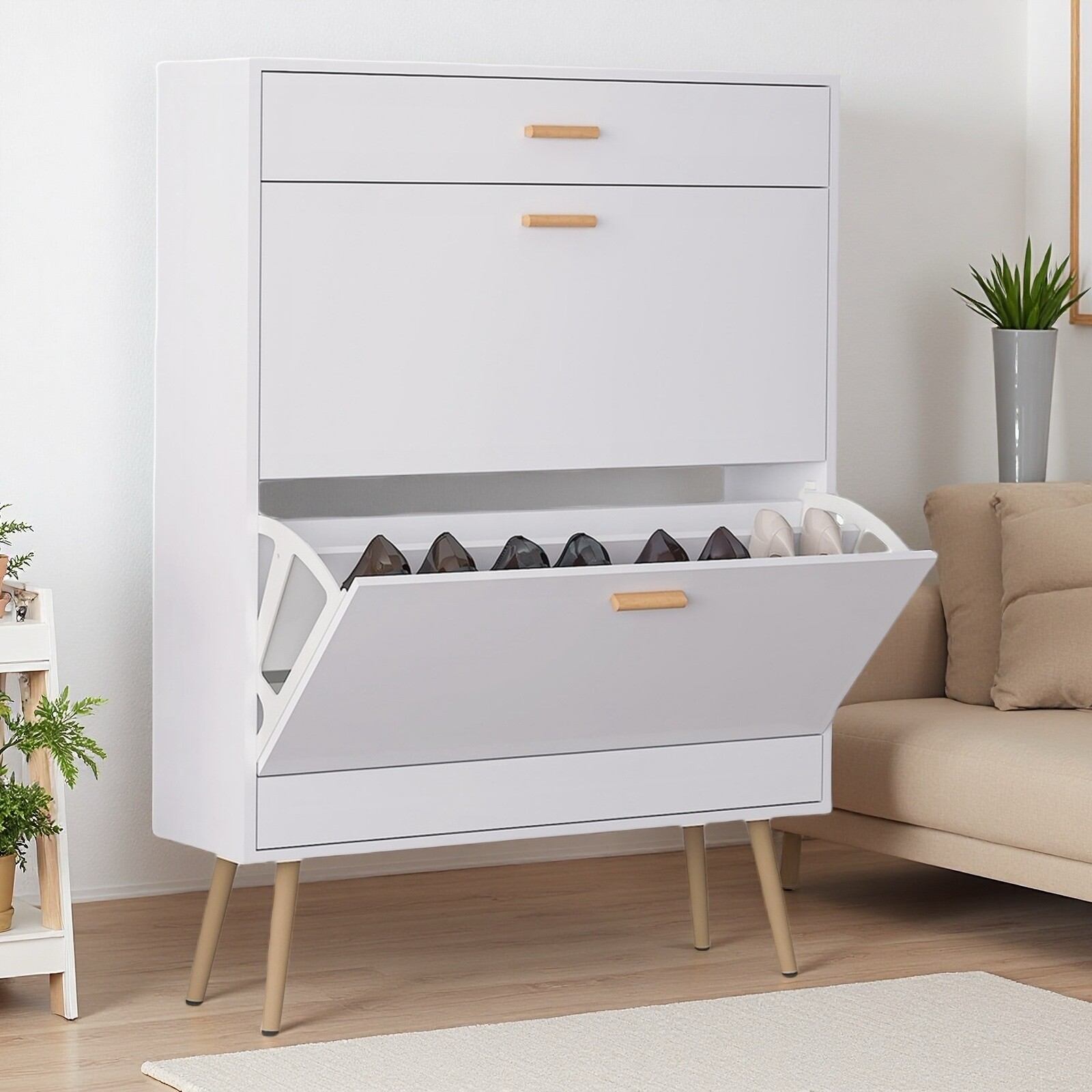 White 2 Flip Drawers Shoe Cabinet, Luxury Shoe Storage & Shoe Rack