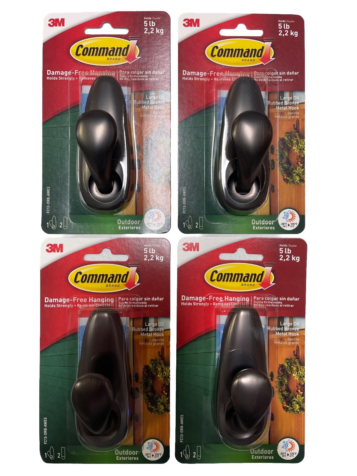 3M Command 5lb Damage Free Outdoor Hanging Metal Hook, Bronze, Large – PACK OF 4