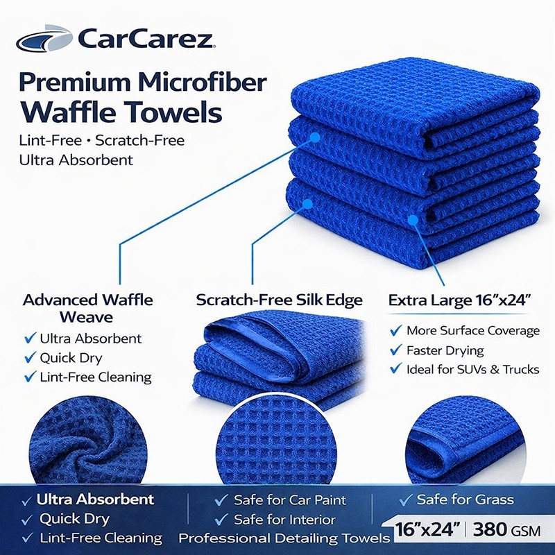 CarCarez Premium 3-Pack Microfiber Waffle Towels 16″x24″ 380GSM 3 Colors
