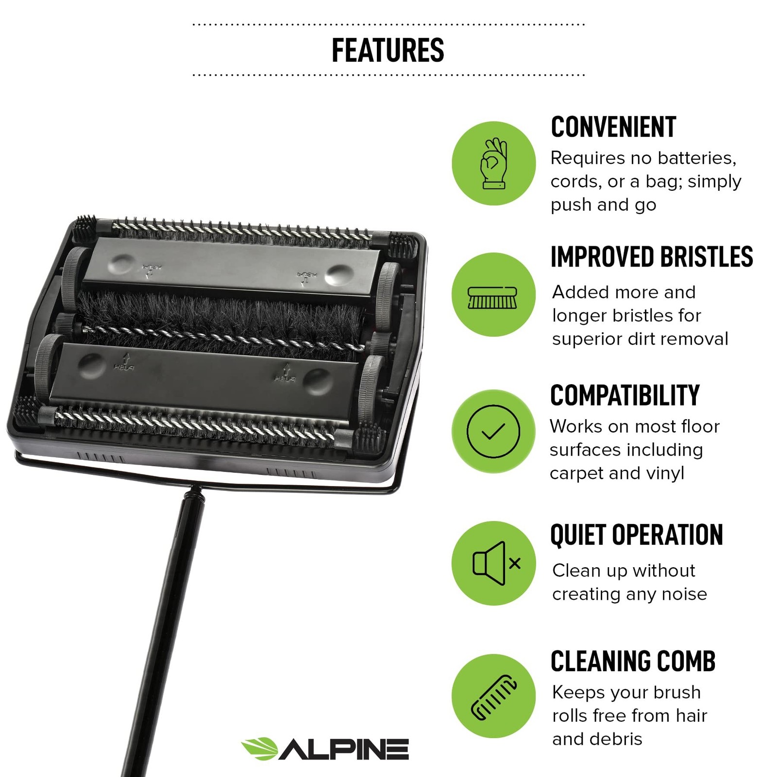 Alpine Manual Carpet Sweeper Triple Brush – Cordless Non Electric Multi-Su