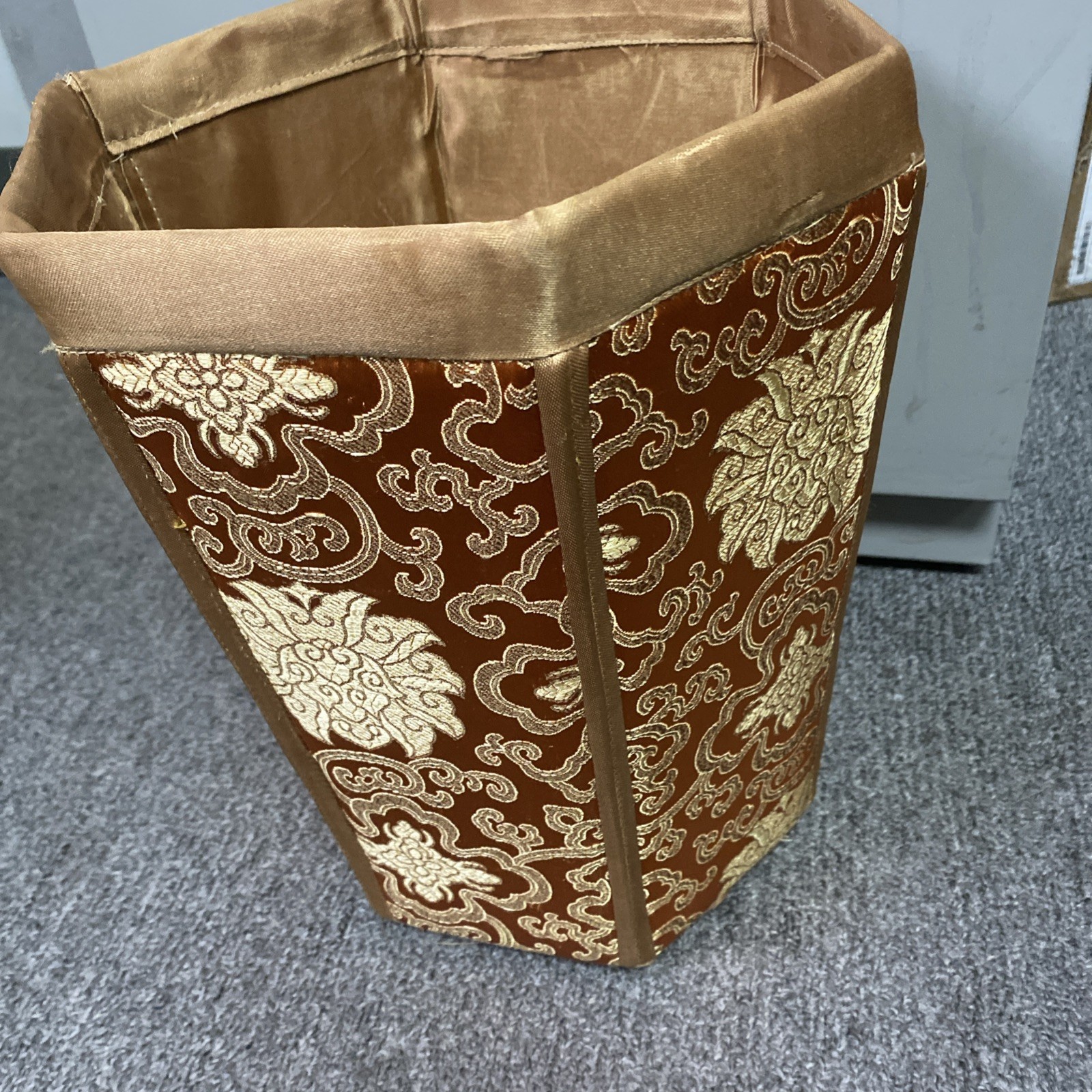 VTG Chinese Silk Brocade Hexagonal Waste paper Trash Basket Mcm 11.5x9x8″