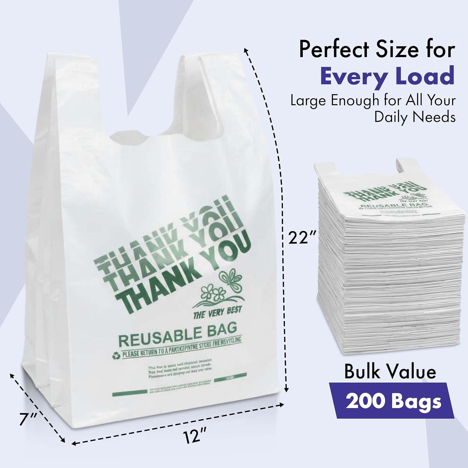 2.25 Mil Reusable Plastic Grocery Bags | PACK OF 200 – 12″ x 7″ x 22″ Thick 55