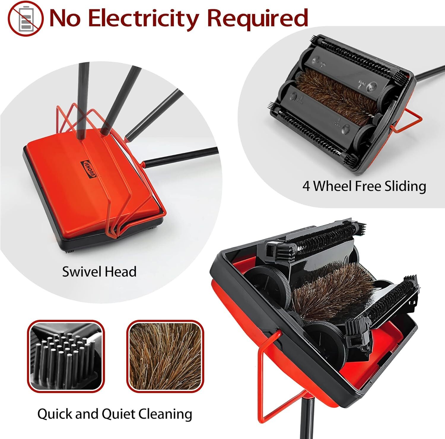 Carpet Floor Sweeper Manual with Horsehair, Non Electric Rug Roller Brush Push