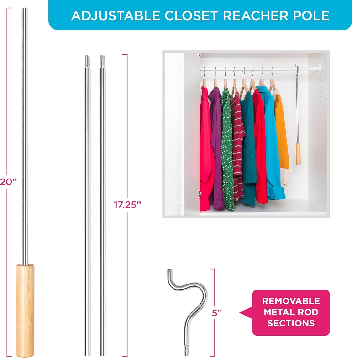 Pole with Hook and Wooden Handle, Heavy Duty – Adjustable 2.75-5 Feet