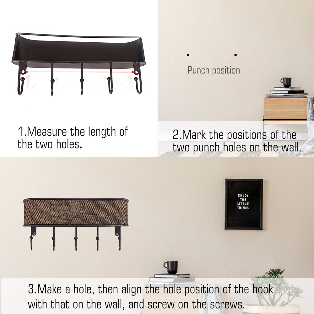 Wall-Mounted Key Holder & Mail Organizer with 5 Hooks – Entryway Storage & Decor