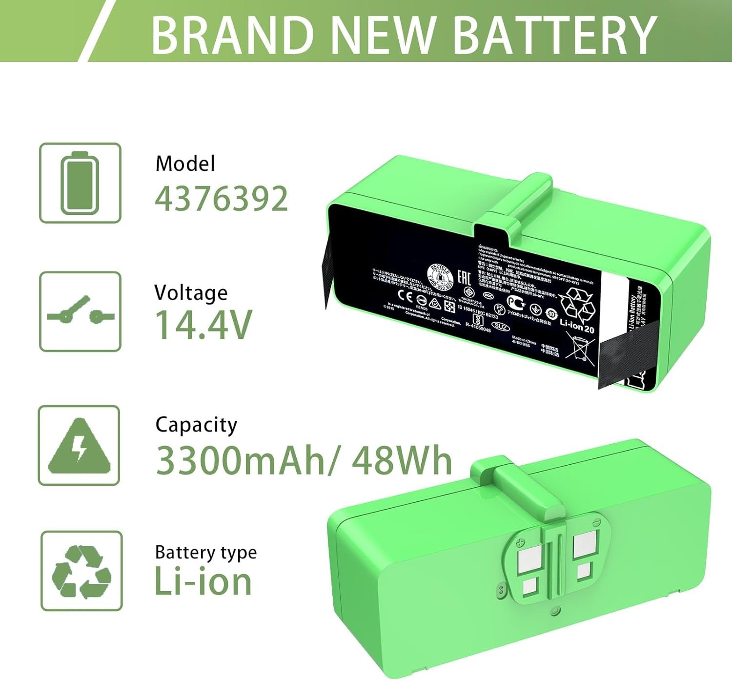 Upgraded 3300mAh 48Wh Replacement Battery for iRobot Roomba 980 981 970 965 960