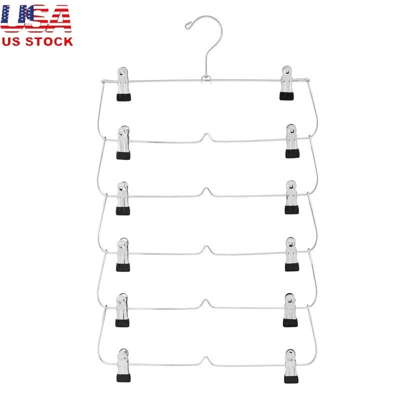 6-Tier Heavy Duty Chrome Metal Skirt Hanger Space Saving Multi Clip Organizer US
