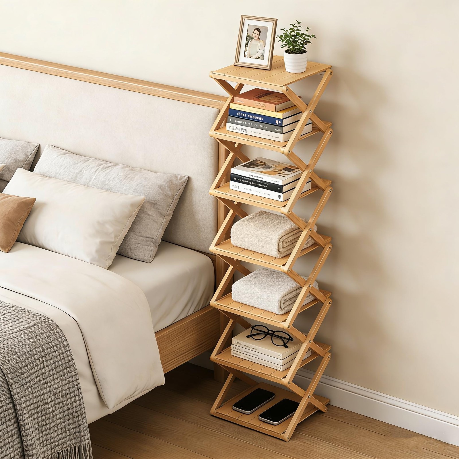 Bamboo Shoe Rack – No Assembly Required, Tall Narrow Foldable Shoe Organizer,…