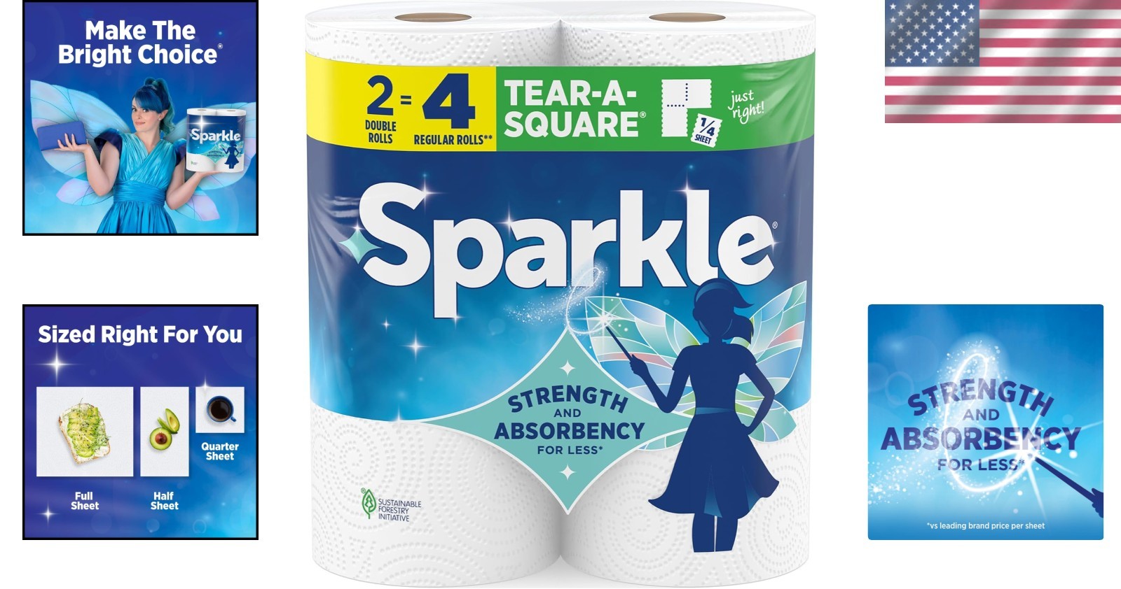 Eco-Friendly Sparkle Tear-A-Square Paper Towels – 2 Rolls, 220 Absorbent Sheets