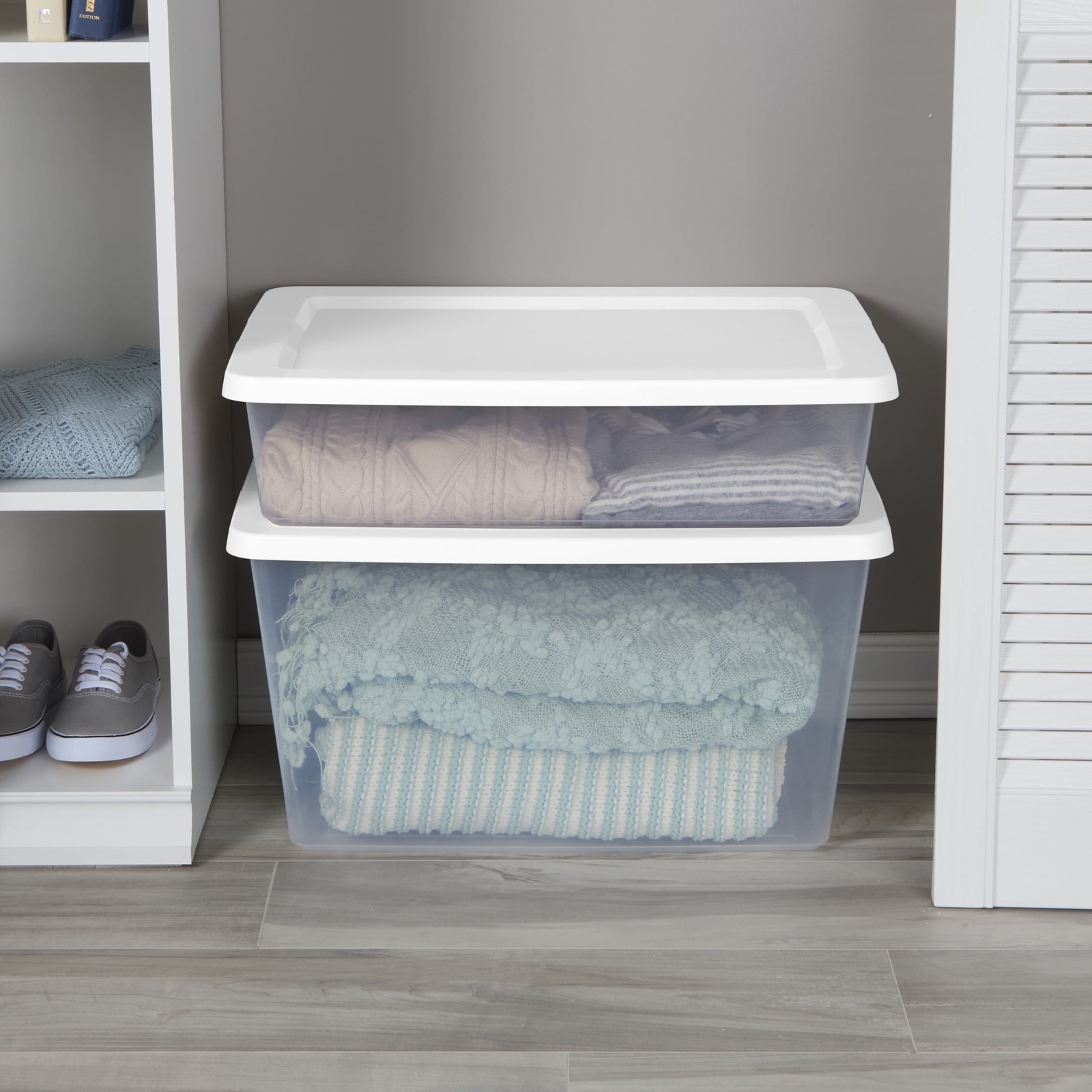 58 Quart Medium Storage Bin, Clear Plastic Storage Container with Snap-On Lid