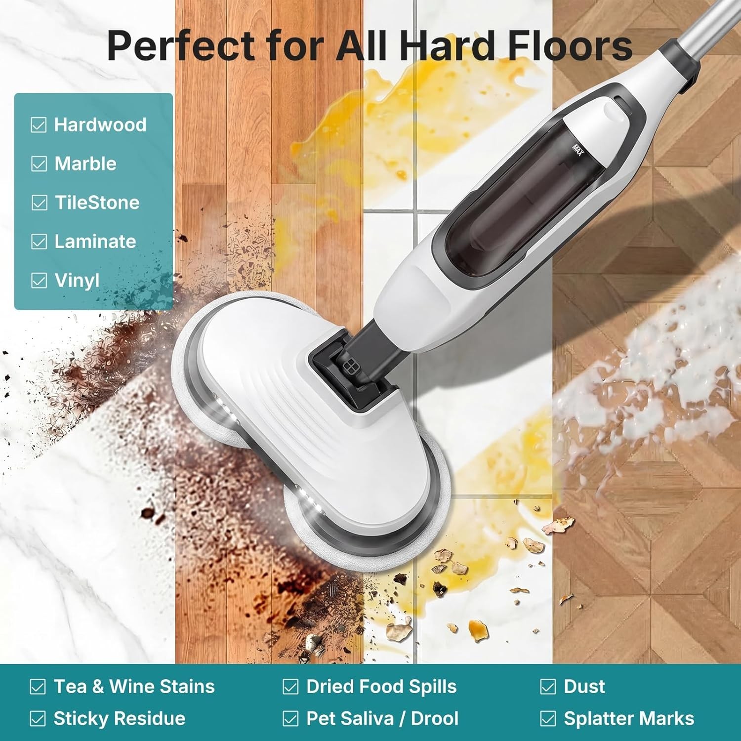 Electric Steam Mop Floor Cleaner with Rotating Pad and 2 LED Light 4 Clean Mode