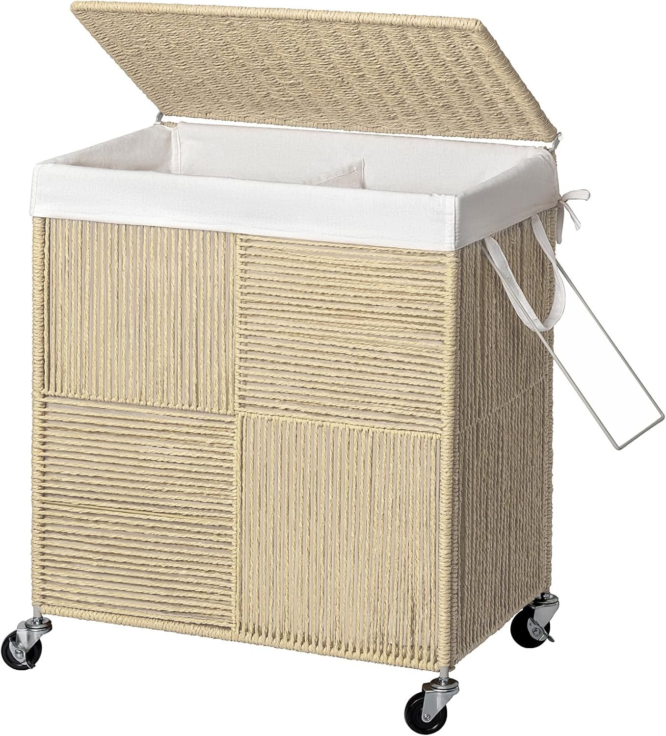 Double Laundry Hamper Lid Handwoven Rolling Laundry Basket W/ Wheels 115L