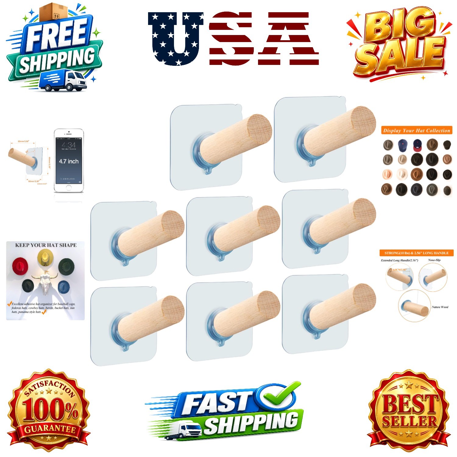 Adhesive Hat Hooks Hat Hangers 10lbs Sticky Wall Rack for Baseball Caps, Buck…