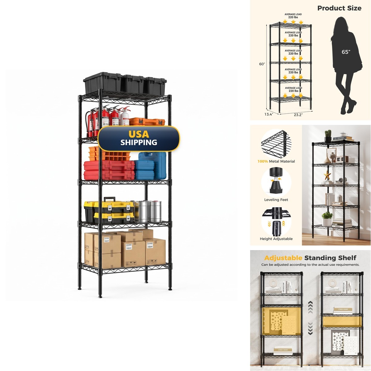 NEWBULIG 5-Tier Wire Storage Shelves, 200 lbs Heavy Duty Steel Rack, Black