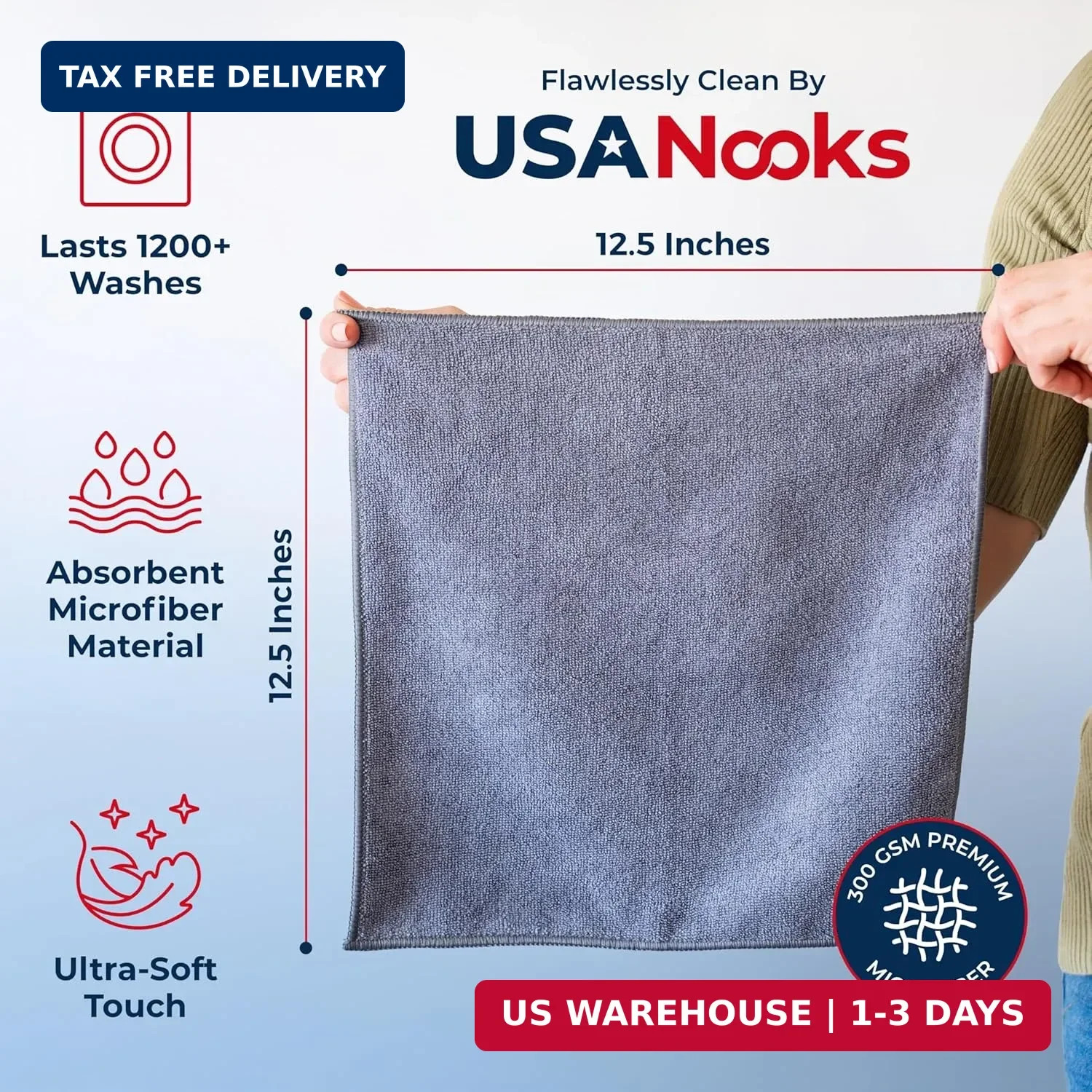 USANOOKS Microfiber Cleaning Cloth Grey – 12 Pcs (12.5″x12.5″) – High Performanc