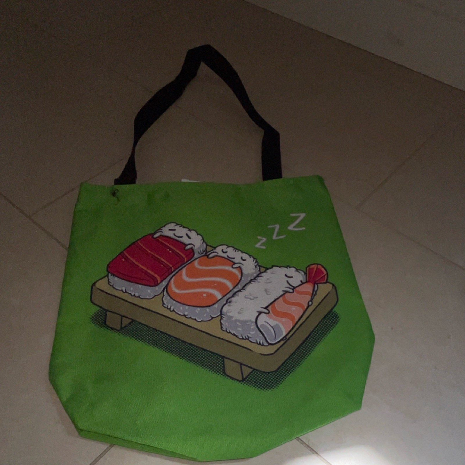Foldable Canvas Reusable Shopping Bag, Green All-Over Sushi Print, Pop Art Style