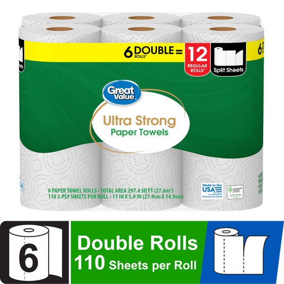 (2 pack) Great Value Ultra Strong Paper Towels, White, 12 Double Rolls, 1320