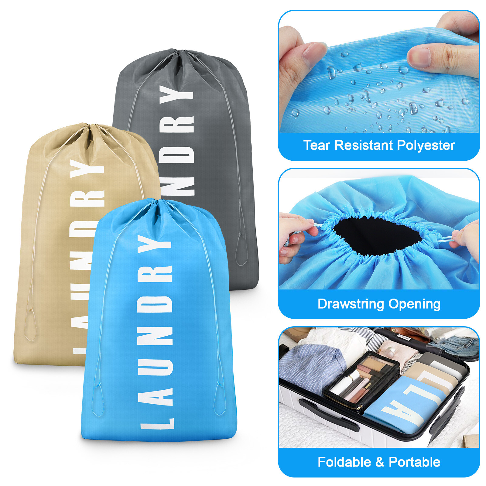 3 Pcs Large Heavy Duty Laundry Bags, Dirty Clothes Drawstring Storage Organizer