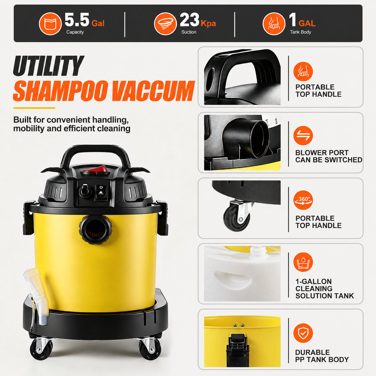 Vacmaster 6 Gallon 5.5HP Wet Dry Car Vacuum Cleaner Upholstery Shampoo 4-IN-1