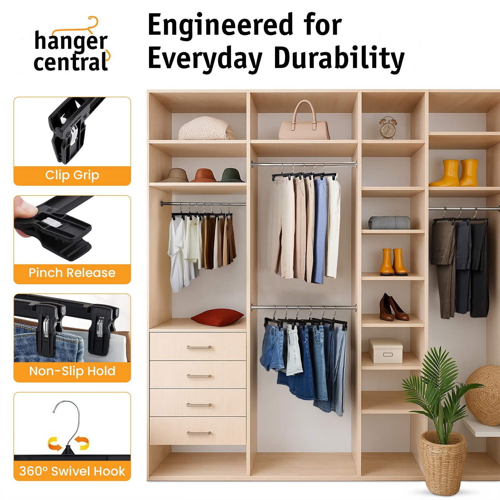 Hanger Central 10 Pack Black Plastic Pants Hangers with Clips 10 inch