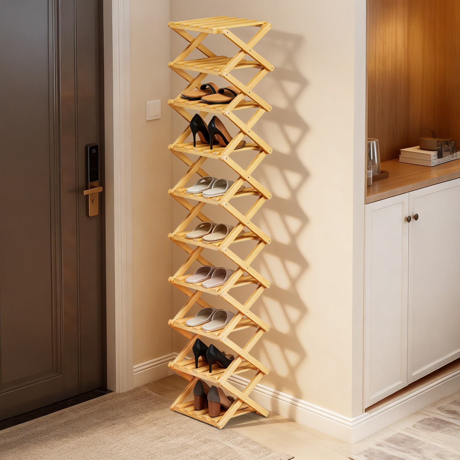 Bamboo Shoe Rack, Foldable Storage Rack, Space Saving Standing Shoe Organizer