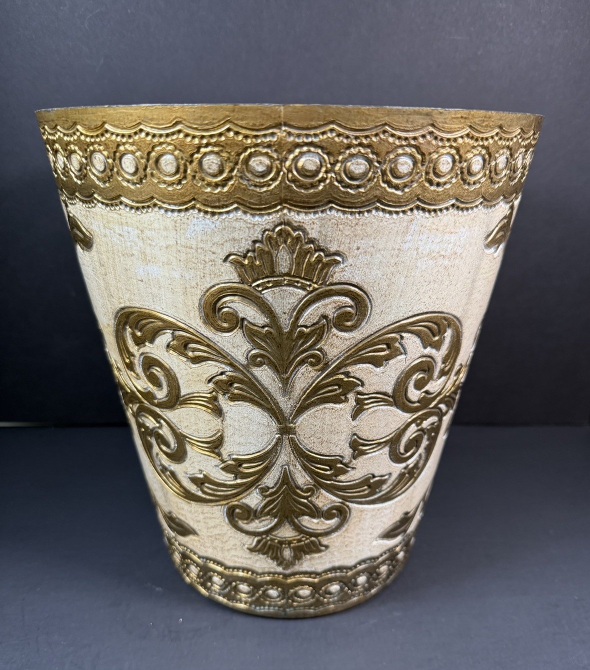 Vintage Florence Italy Florentine White Gold Gilt Wastebasket 10 1/2