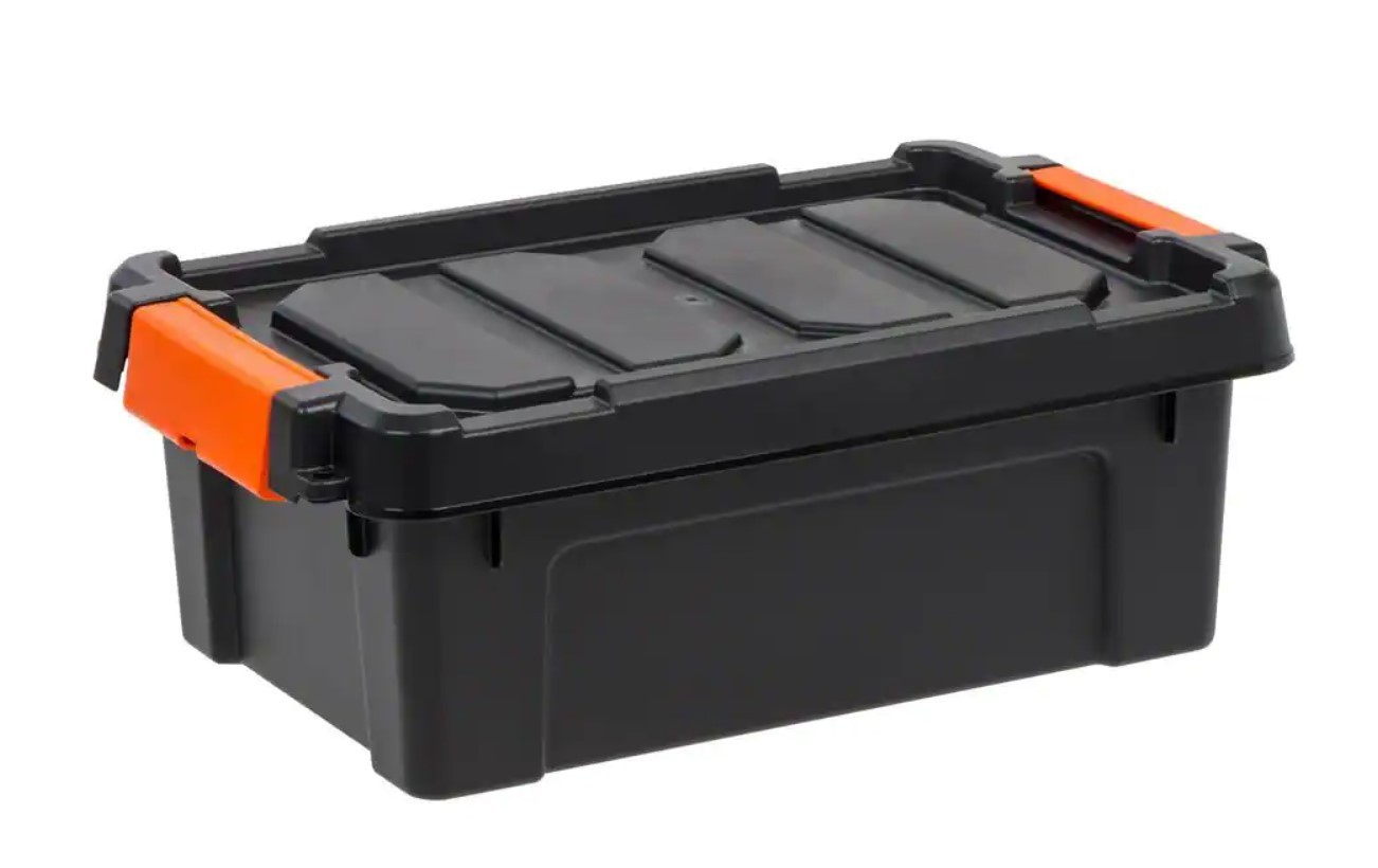 Heavy Duty Storage Tote Stackable Latching Lid Plastic Bin Black, Multiple Sizes
