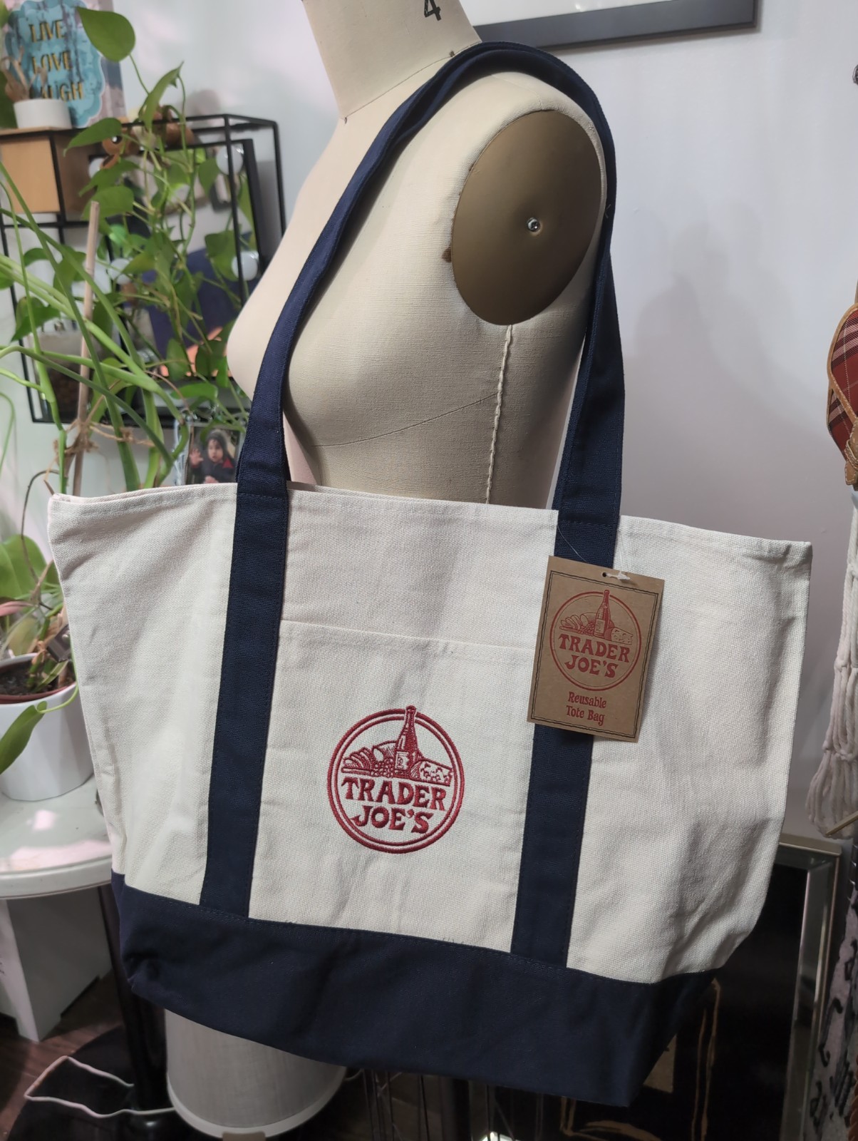 NWT Trader Joe’s Large Canvas Tote Bag Navy Blue Off White 2 Pocket 20″x14″
