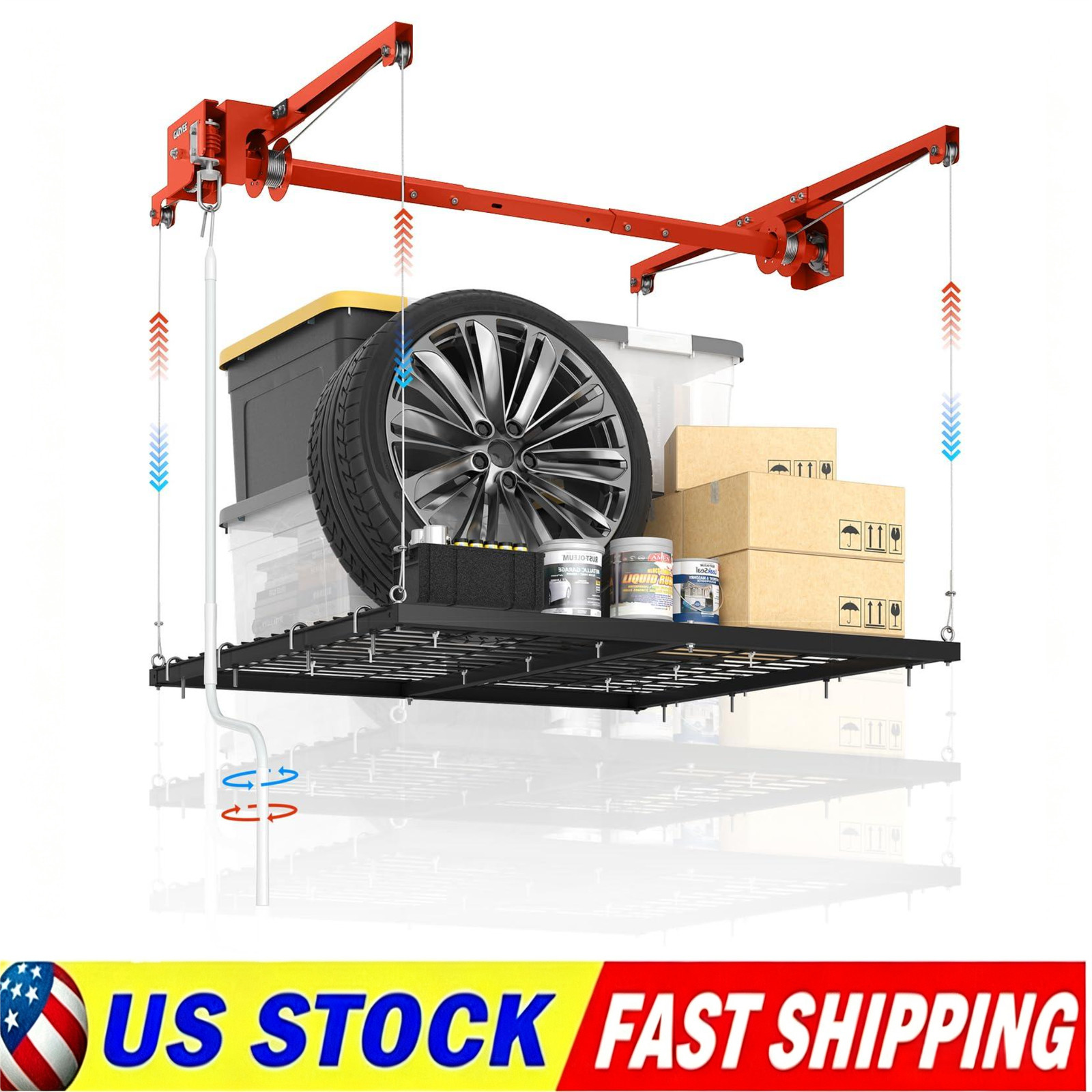 4x8FT Overhead Garage Storage Rack 800LB Capacity Fits 8-14ft Ceiling Hoist