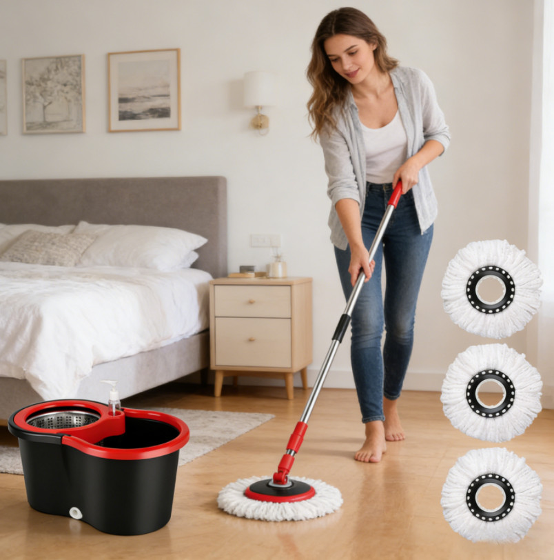360° Spin Mop & Bucket Set w/ 3 Microfiber Heads, Stainless Steel Wringer