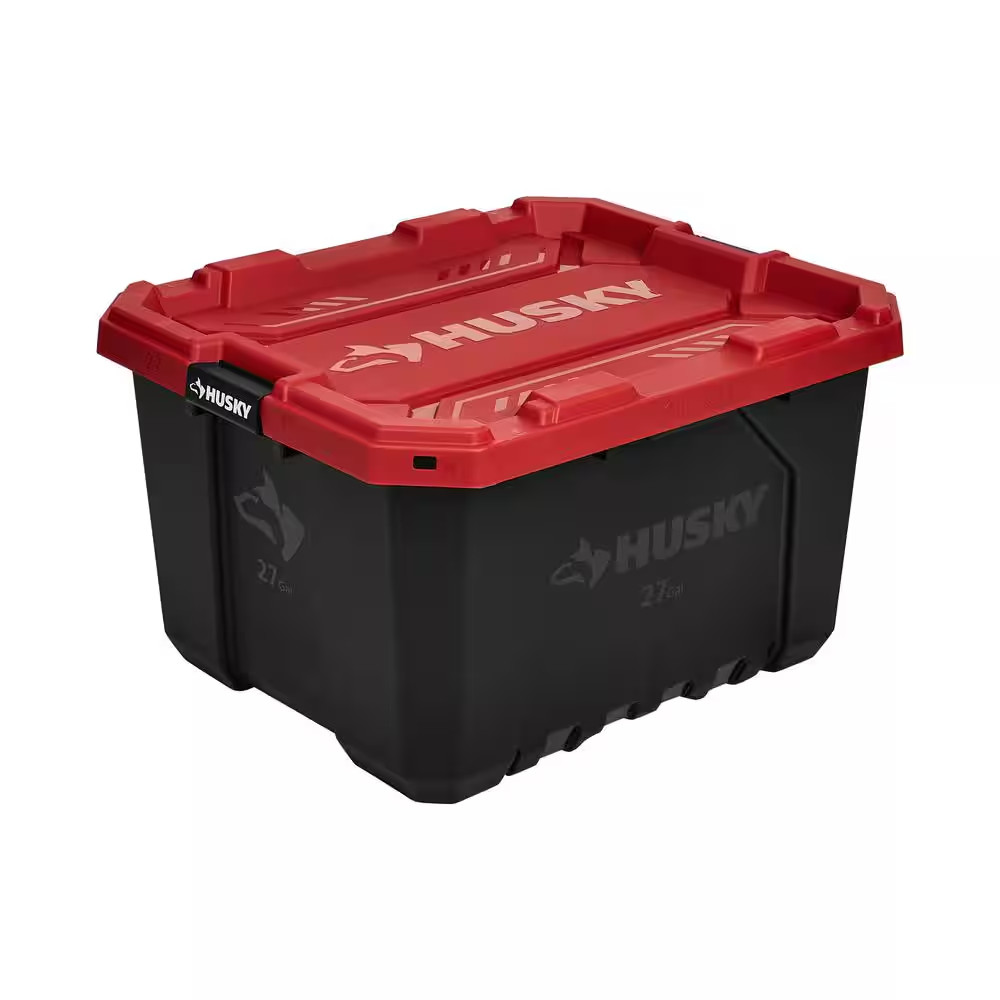 Husky 27 Gallon Storage Tote Bin Heavy Duty Stackable Lockable Lid Black Red