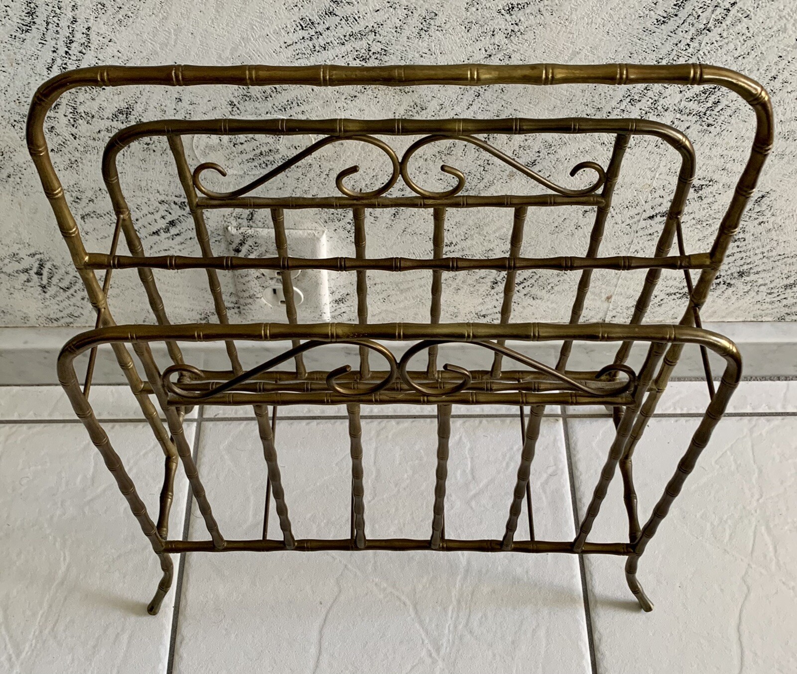 Solid Brass Magazine Newspaper Rack Mid Century Modern Design VTG 17” X 13” X 6”