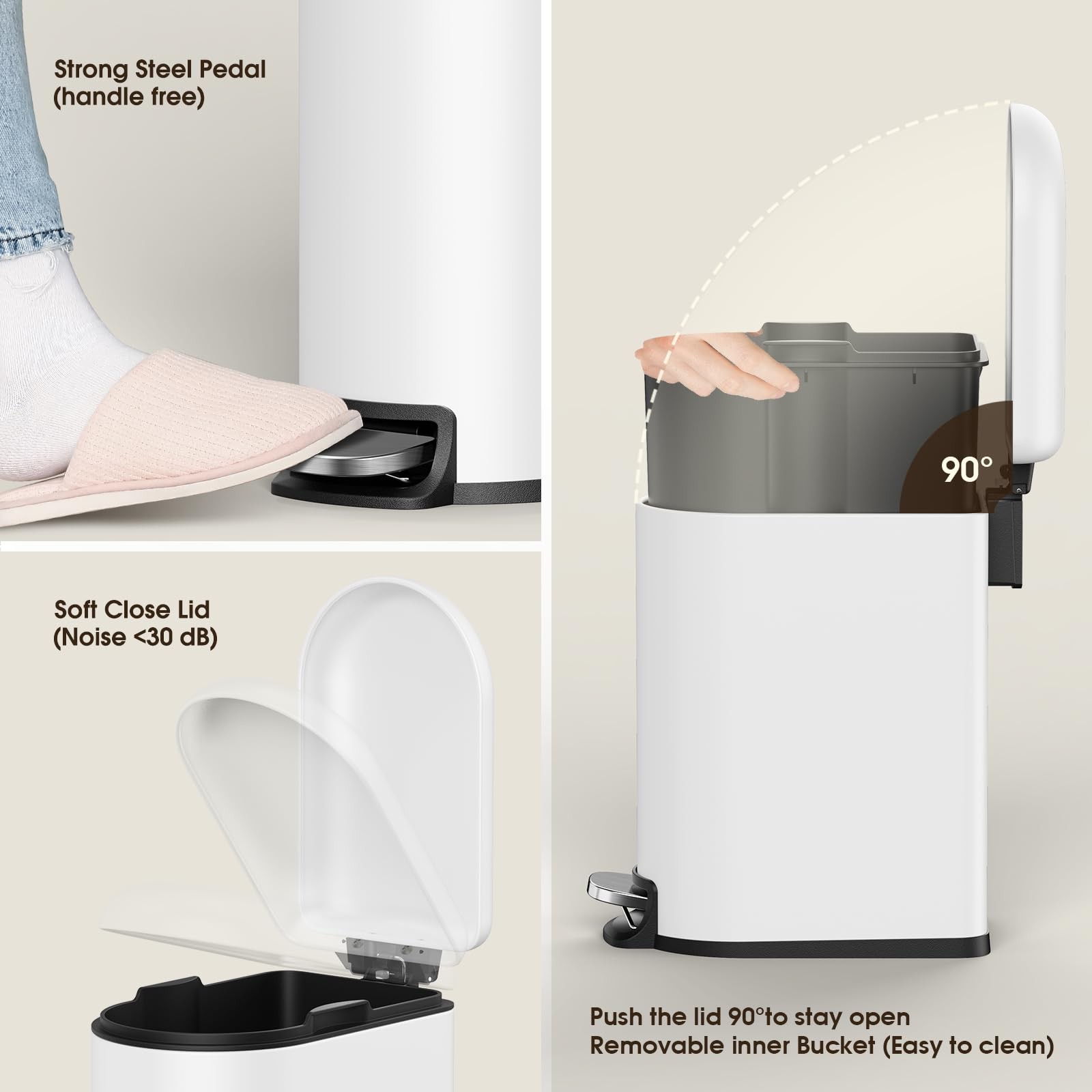 White 5L/1.3 Gallon Small Bathroom Trash Can With Lid Slim Stainless Steel