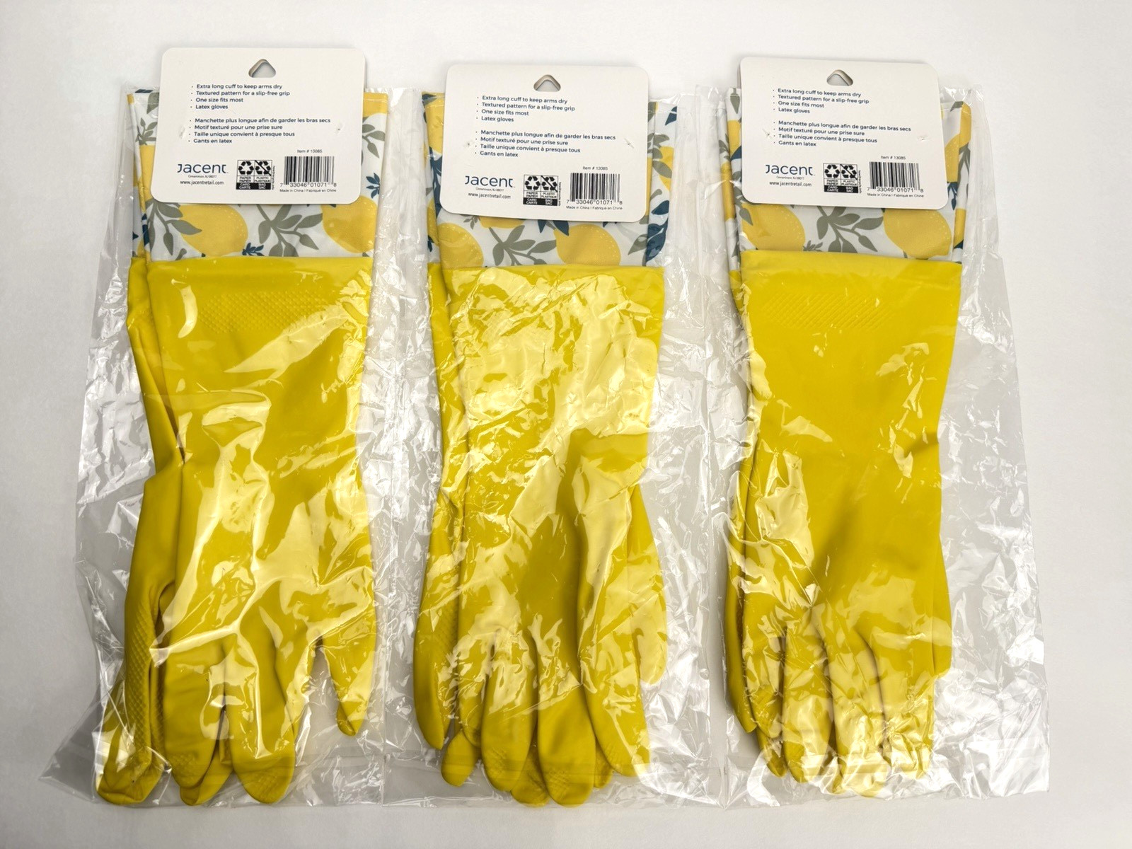 3-pk Key & Castle Extra-Long Cuff Latex Gloves One Size Lemons Dishwashing Clean