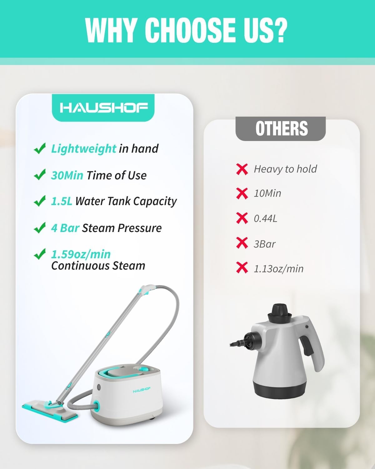 HAUSHOF 1500W Portable Steam Cleaner w/1.5L Tank and Wheels 4 Bar 16 Accessories