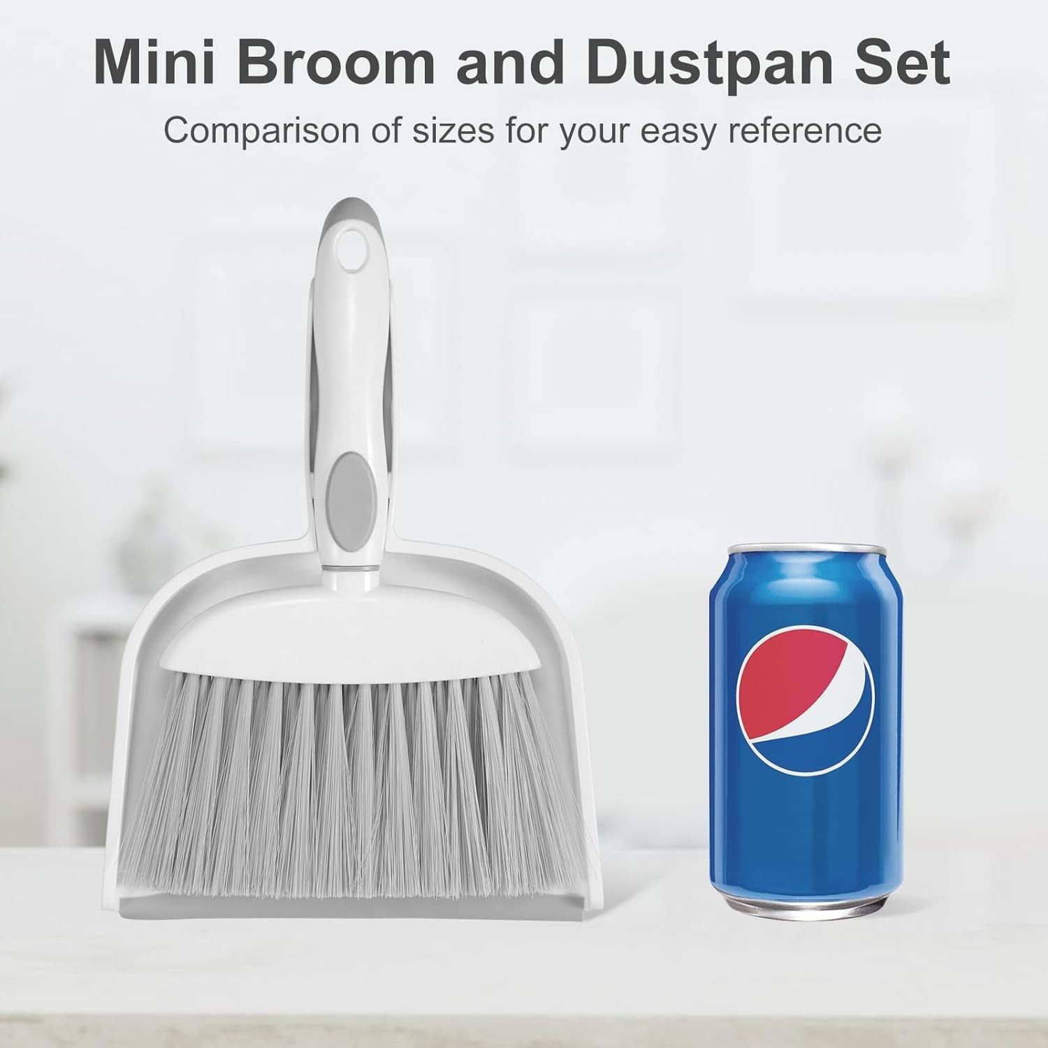 Small Dust Pan and Brush Set – Mini Broom and Dustpan Combo, White & Gray
