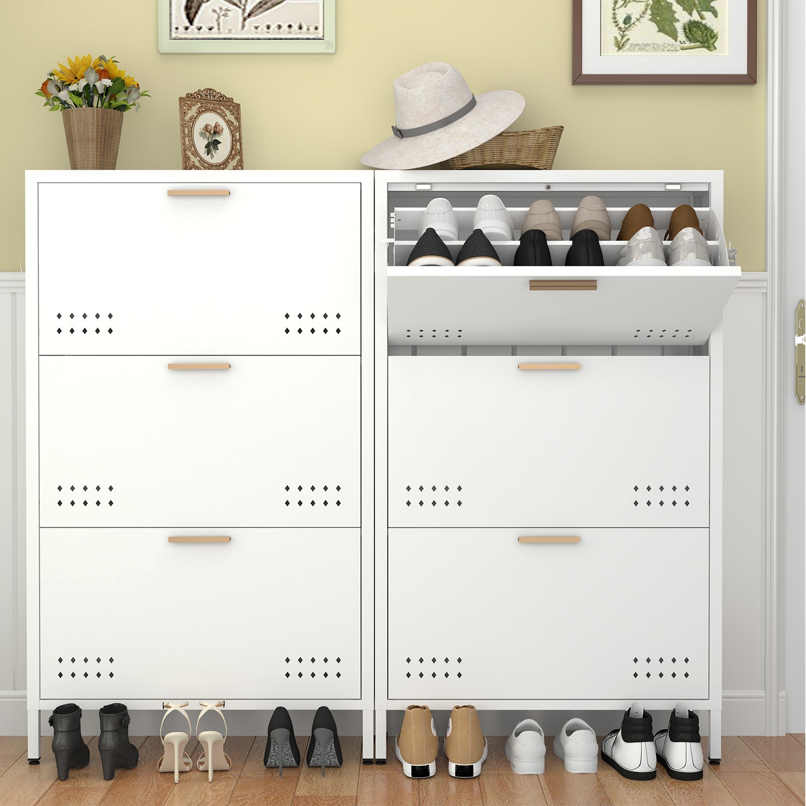 Shoe Cabinet with 3 Flip Drawers, Hidden Metal Shoe Cabinet for Entryway Hallway
