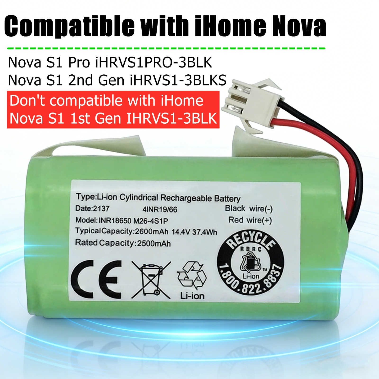 Battery for iHome AutoVac Nova S1 Pro iHRVS1PRO-3BLK , S1 2nd Gen iHRVS1-3BLKS
