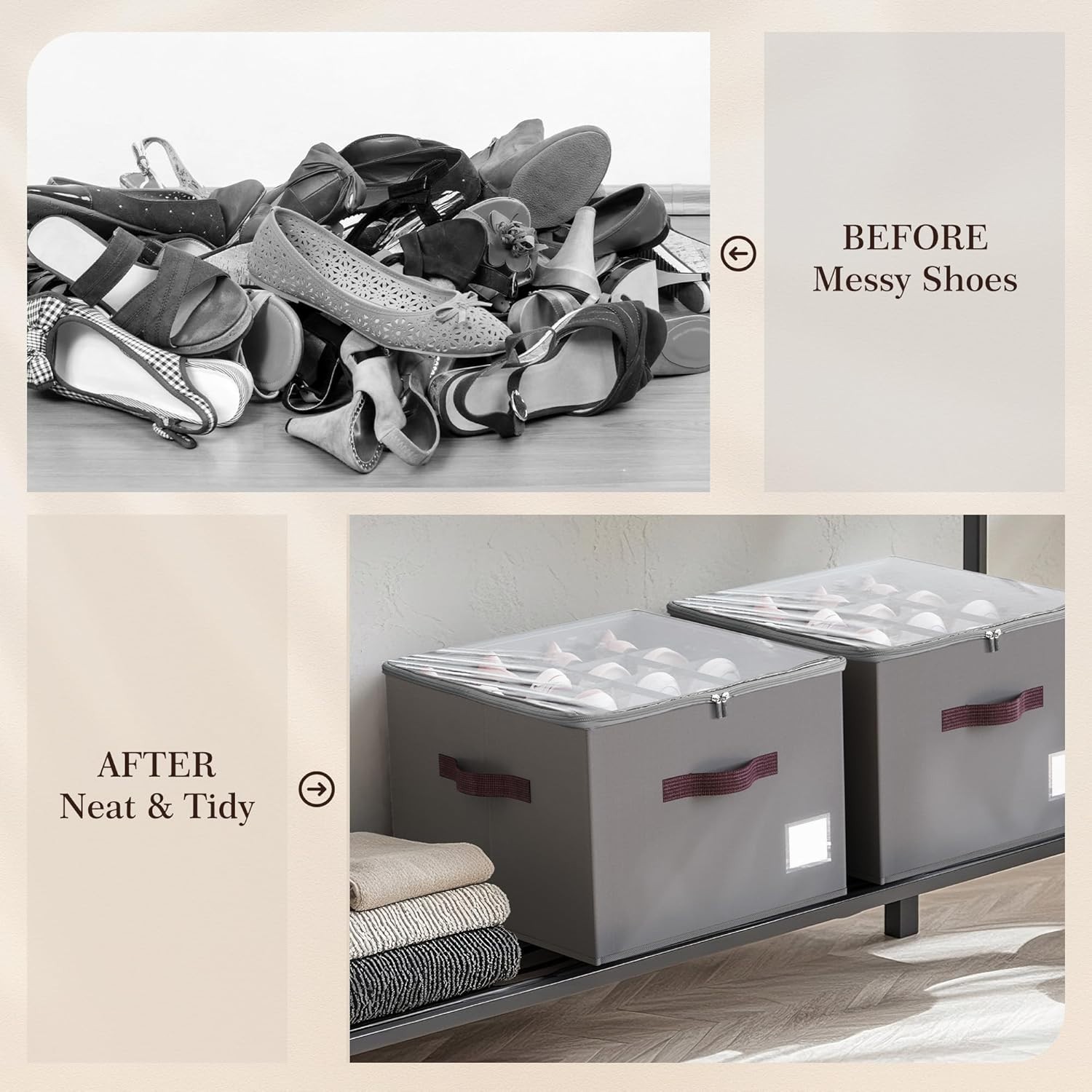 Shoe Organizer Closet Storage 2 Pack Foldable Shoe Box with Handles