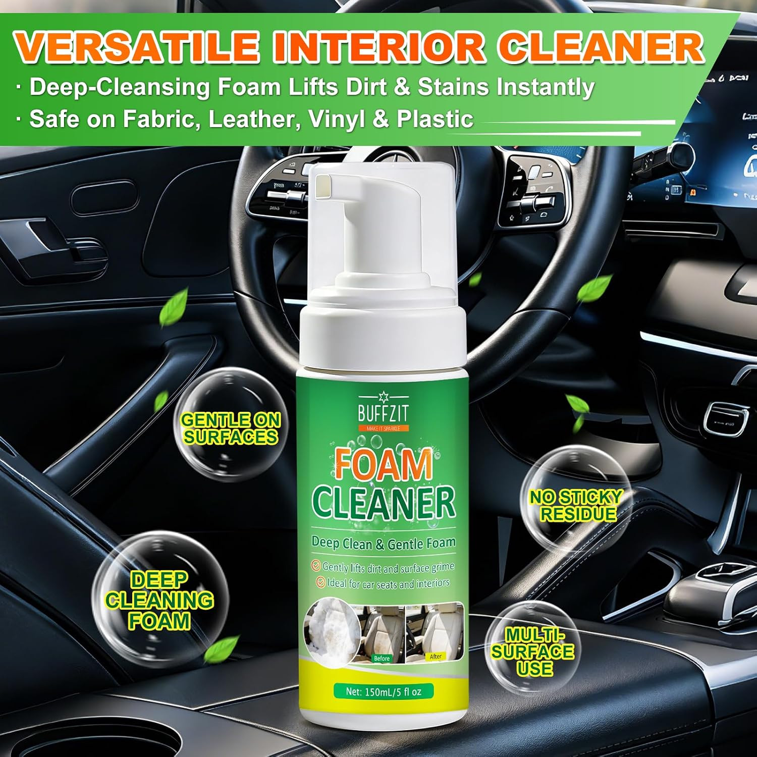 Car Interior Foam Cleaner Kit, Multifunctional Auto Detailing Cleaner with Brush