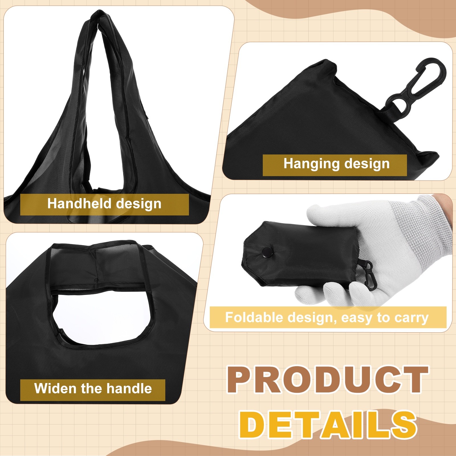 4 Pack Foldable Travel Bag with Handles Washable Shopping Tote Pouch Black