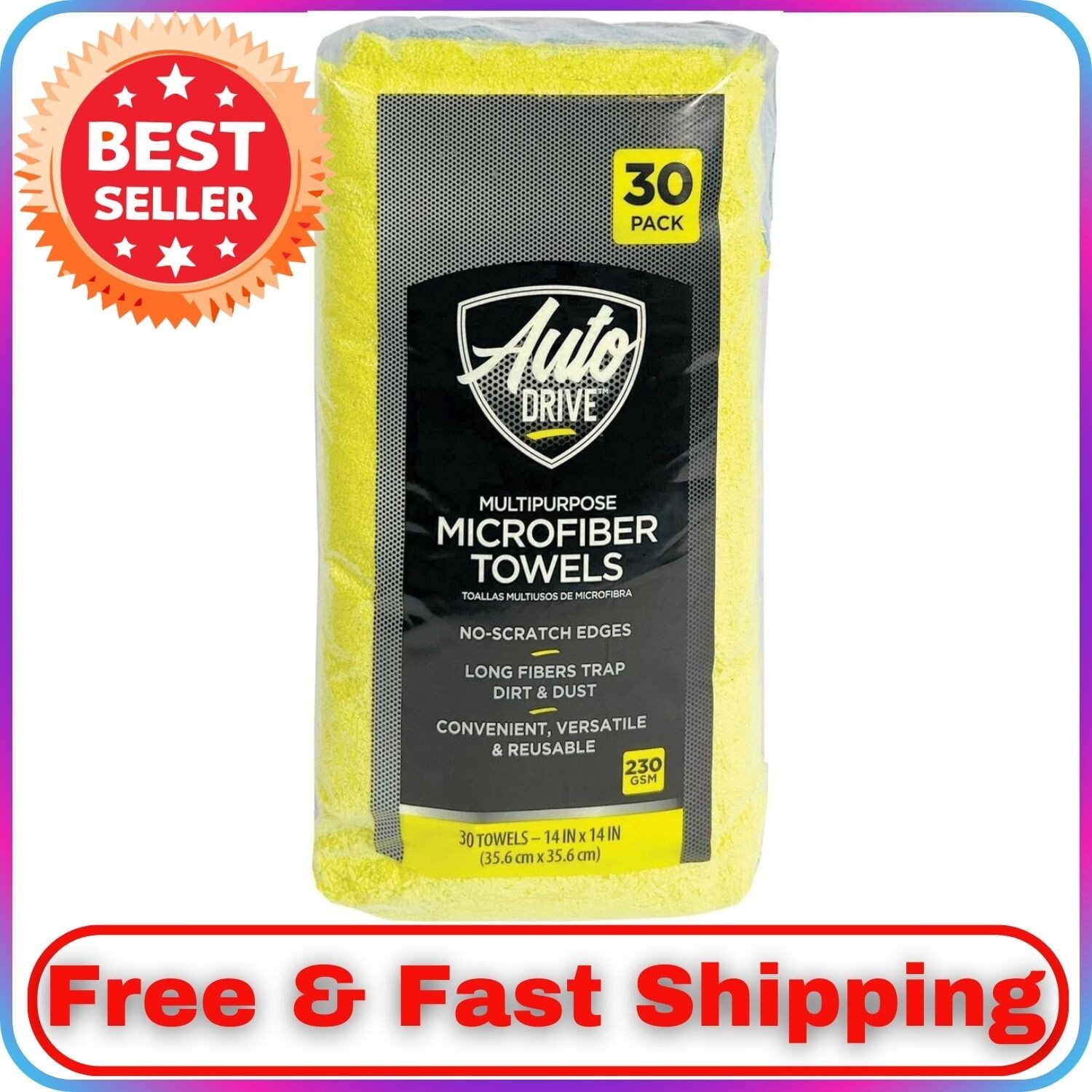 Auto Drive Multipurpose Microfiber Towels, 14″ x 14″, Multicolor, 30-Pack