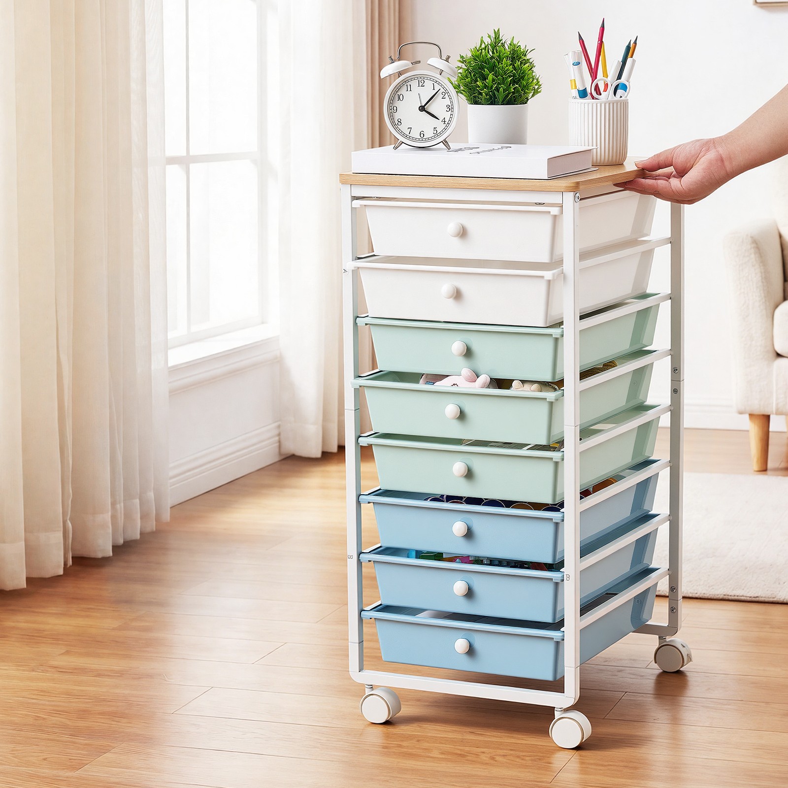 Uimoso Rolling Cart with 8 Drawers and Wooden Top in Green and Blue