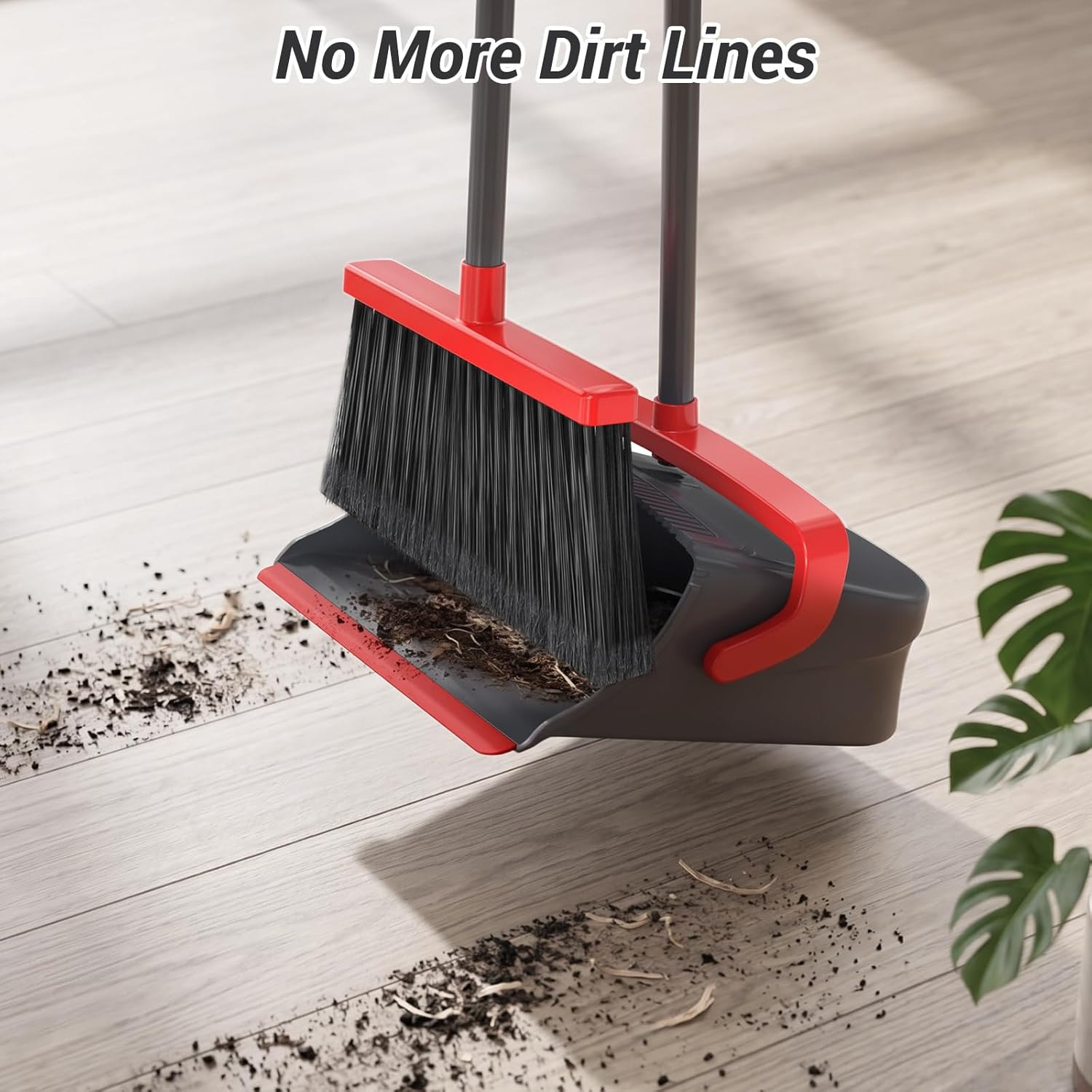 Broom with Dustpan Combo Set, Long Handle Upright Standing Self-Cleaning Broom a