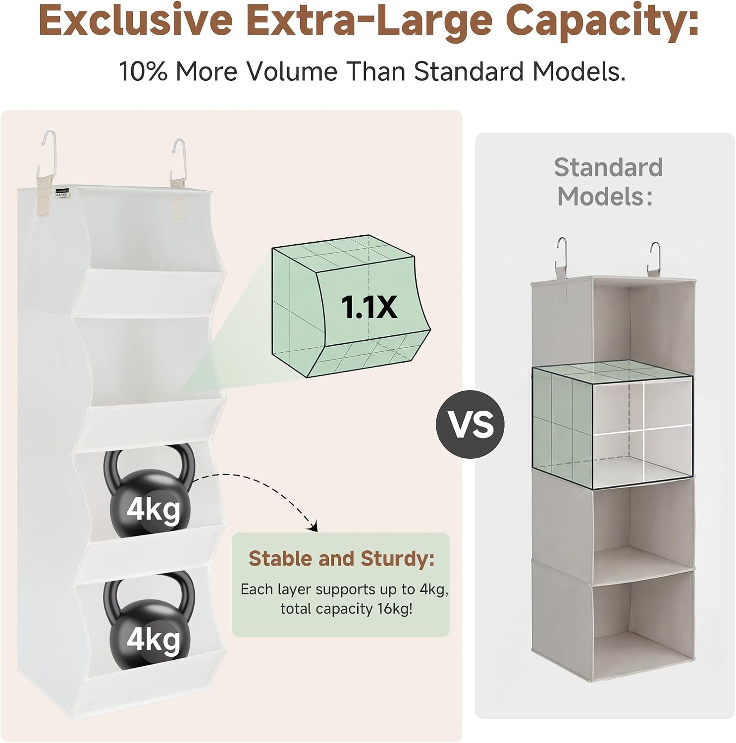 Basics Hanging Closet Organizer, 4-Shelf Wide Trapezoid Closet Shelves with Rein