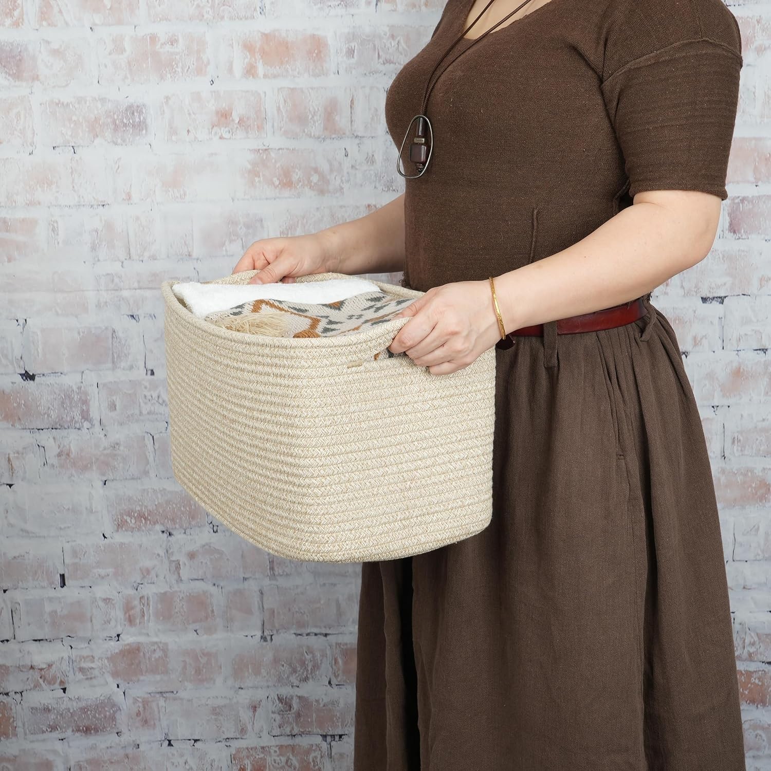 Elegant Woven Cotton Rope Storage Baskets, 15x10x9.3” – 3 Pack Oatmeal