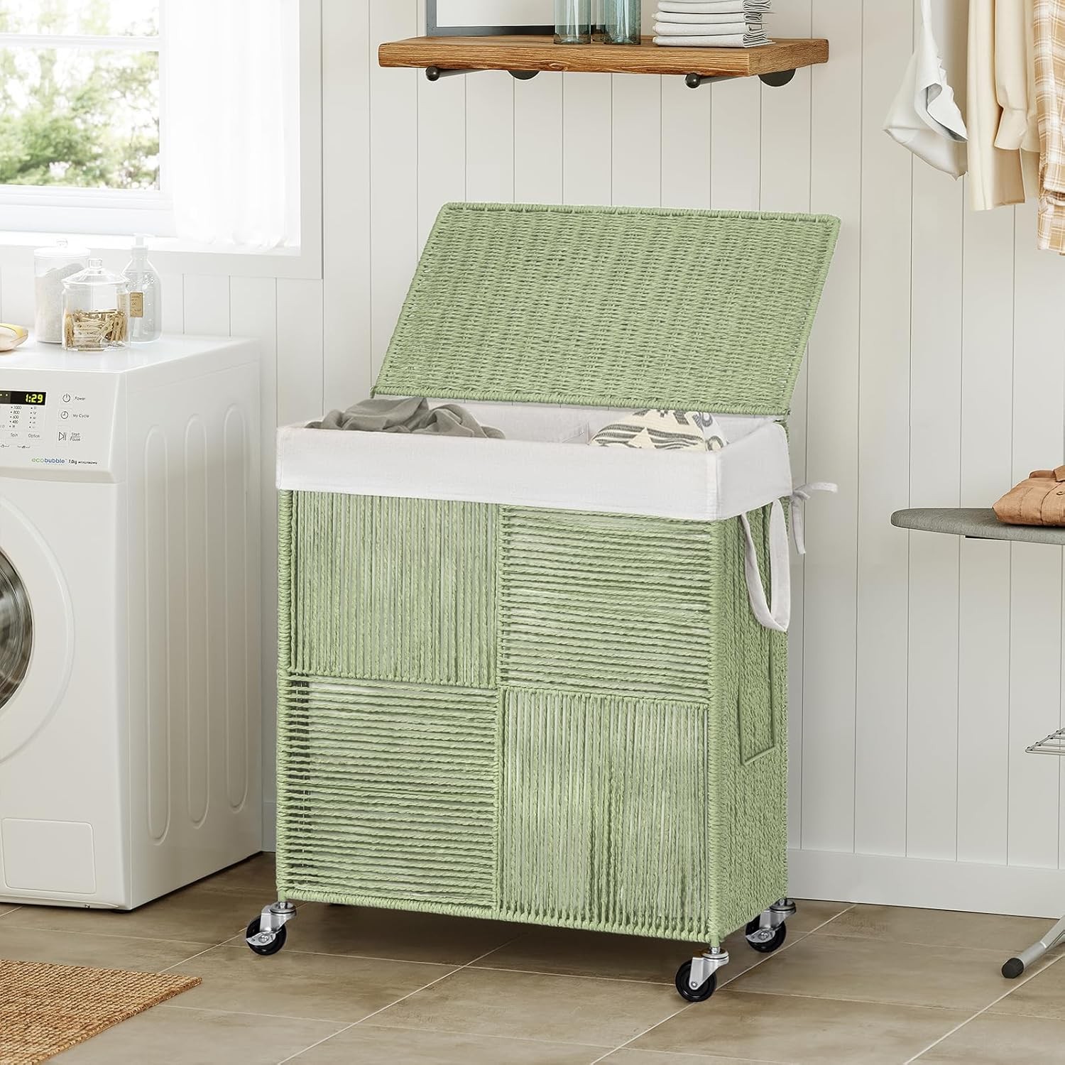 Double Laundry Hamper Lid Handwoven Rolling Laundry Basket W/ Wheels 115L