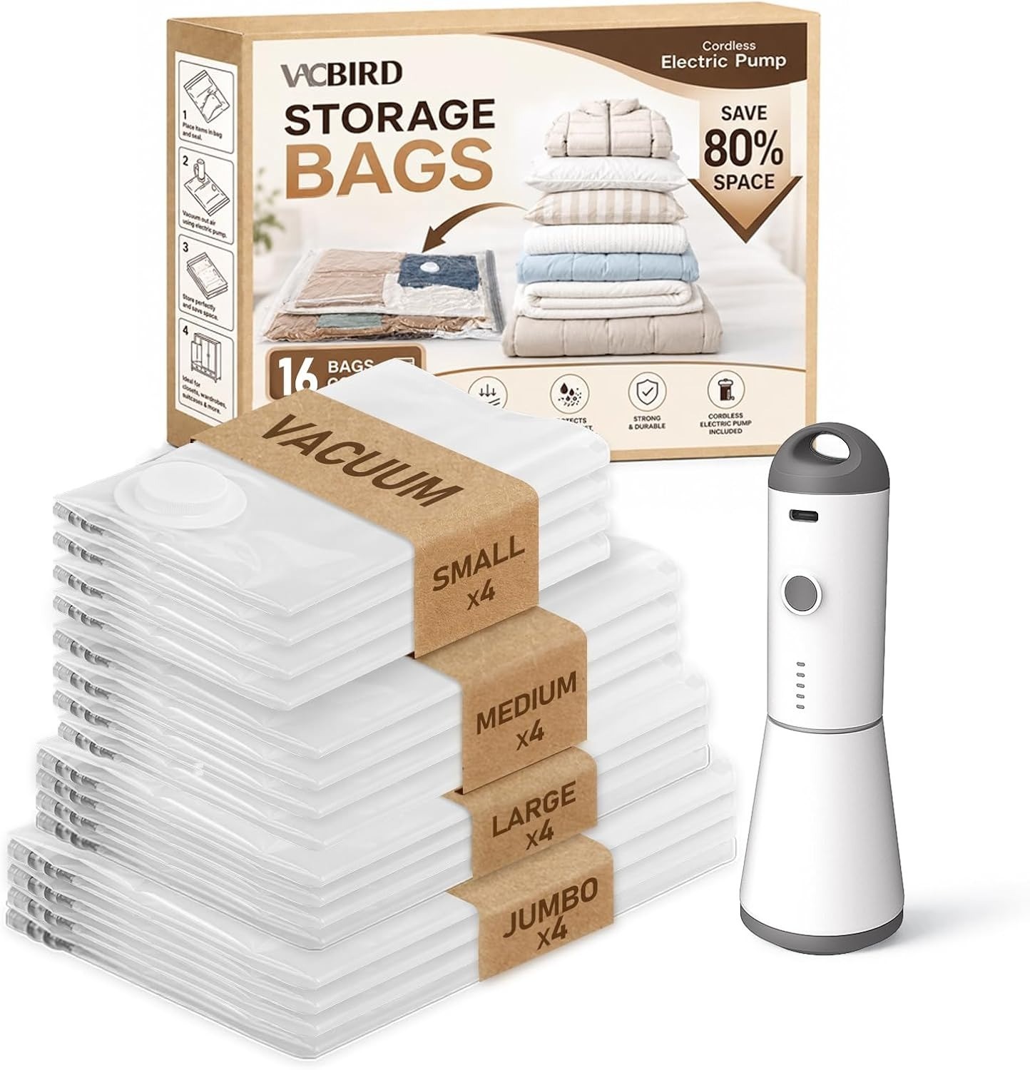 Vacuum Storage Seal Bag 16 Pack with Cordless Electric Air Pump Space Saver Bags
