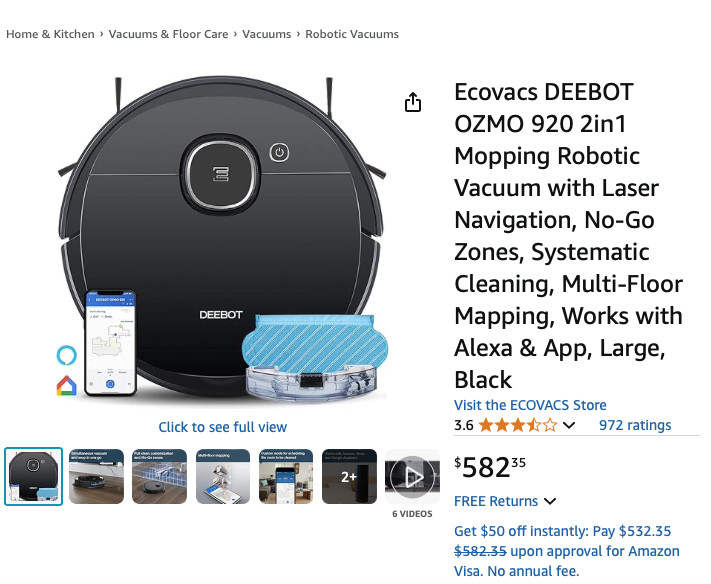 Ecovacs DEEBOT OZMO 920 Robotic Vacuum & Mop – Black – For Parts/Repair
