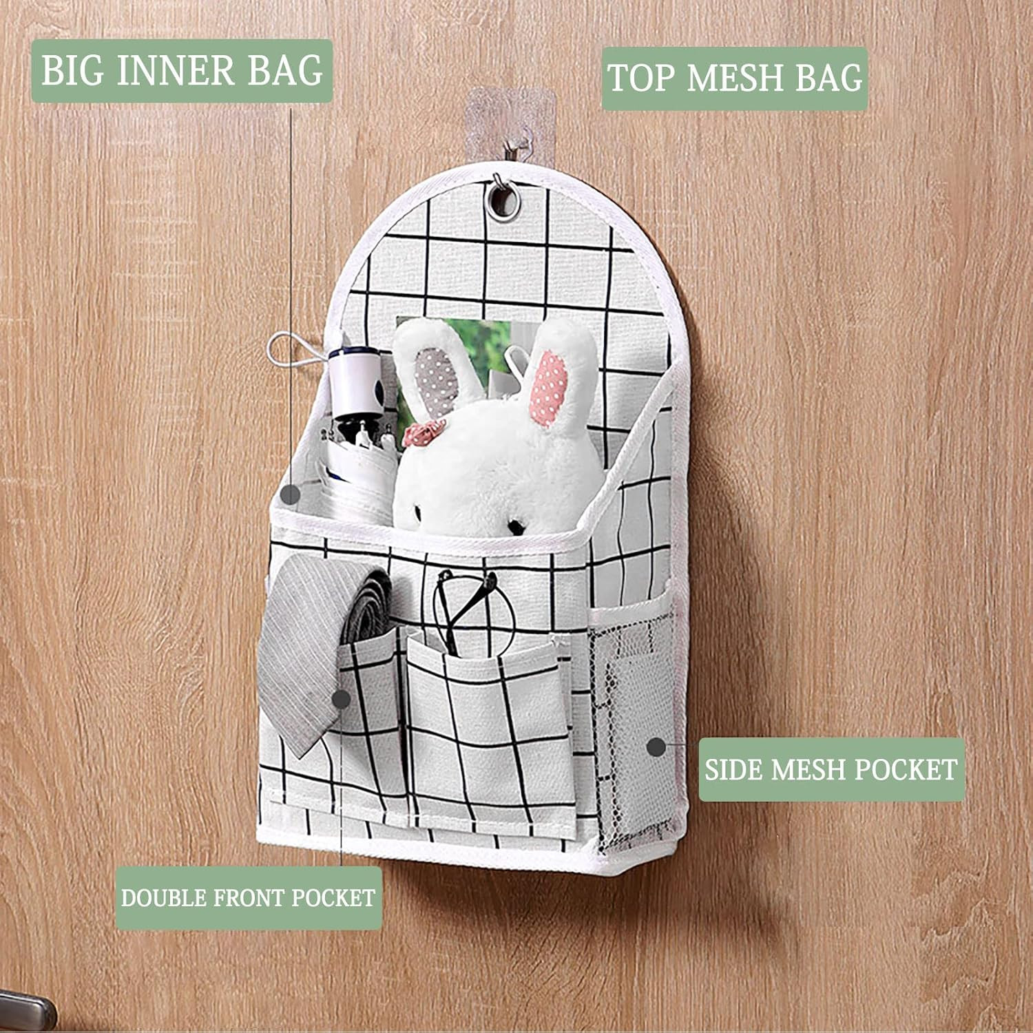 Wall Hanging Storage Bag, Black and White Checkered Linen Organizer Wall Mounted